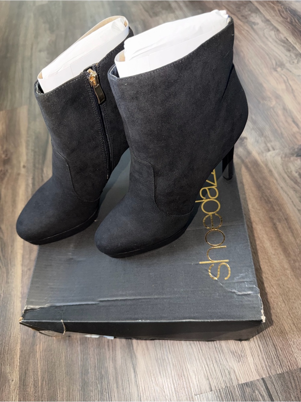 Shoe Dazzle Black Suede-Look High Heel Ankle Booties with Side Zip